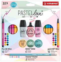 Pennset – STABILO pastelove set – paket med 35 – punkt 88 mini, penna 68 mini, BOSS MINI & Swano pastell – fineliner, premium fibertipppenna, highlighter & gummitippad penna – blandade färger