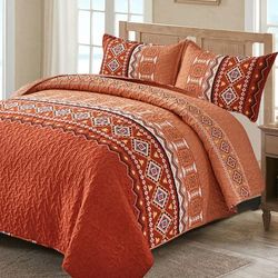 Boho Quilt Set King 3 STKS Verbrand Oranje/Roest Quilt Sprei, Lichtgewicht Geometrie Gedrukt Coverlet Set met 2 Kussensloop, Zachte Boheemse Beddengoed Set King 208 cm × 104"