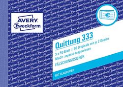 AVERY Zweckform 333 kwitantieblok (A6 liggend, 3 x 50 vel, 2 vellen blauw papier, vervalsingsbestendige documentdruk, voor bedragen boven € 250 met aparte BTW, voor DE/AT) wit