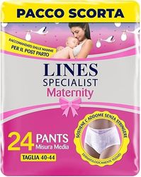 Lines Specialist Maternity, Mutandine Assorbenti Lines Maternity Post Parto, con Supporto Dell'Addome e Assorbenza Rapida per Perdite Post Parto, Taglia M, Confezione da 24 Unità