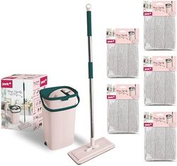 YORK Mocio piatto per cellulare, rosa (include secchio strizzatore, testa mocio), manico telescopico in alluminio, facile da riporre, adatto a tutti i pavimenti