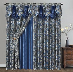 GOHD Royal Rosarium Lot de 2 Rideaux de fenêtre en Voile Jacquard avec cantonnière Fantaisie et Envers en Taffetas Bleu Ciel Nocturne 137 x 213 cm