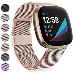 Faliogo Compatibel met Fitbit Versa 3 band/Fitbit Versa 4 band/Fitbit Sense Strap, verstelbare roestvrijstalen metalen vervangende band met magneetslot voor Versa 4/Versa 3/Sense, Small Rose Gold