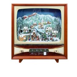 DRW Antieke televisie van een kerstdorp met bewegingslicht en muziek uit hars 80 x 32 x 90 cm