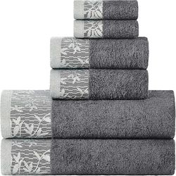 Superior 6 Piece Cotton Towel Set, Floral Jacquard Dobby Border, Quick Dry, Decorative Bathroom, Shower, Bath, Includes 2 Body, 2 Hand, 2 Face Towels/Washcloths, Wisteria Collection, Grey