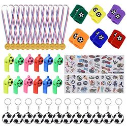 FunsLane 58 stuks voetbalfeesttassen, vulpen, feestartikelen, voetbalsleutelhanger, armbanden, tatoeages, fluitjes, winnende medailles, feestfavorieten voor kinderen, jongens, meisjes,