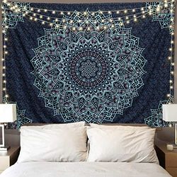 Edeesky Zwart Blauw Mandala Wandtapijt Muur Opknoping Vintage Wandtapijten Esthetische Hippie Muur Decor Bohemian Wall Art Boho Woondecoratie voor Slaapkamer, Woonkamer, Slaapzaal