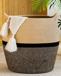 KAKAMAY Cestas tejidas para almacenamiento (17 x 17 pulgadas), cesta grande de cuerda de algodón tejida para ropa sucia, cesta plegable para la lavandería, cesta para organizar la sala de estar