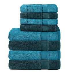 Komfortec Lot de 8 Serviettes 100% Coton 470 g/m², 4 Serviette de Bain 70x140 cm et 4 Essuie-Mains 50x100 cm, éponge Douce, Grande Taille, Turquoise/Petrole