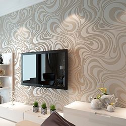 Hanmero Rouleau de papier peint 3D moderne courbé abstrait floqué pour papier peint rayé blanc crème et argent 0,7 m x 8,4 m = 5,88 ㎡