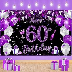 Pancarta de decoración de cumpleaños número 60 para mujer, grande, negro, morado, plata, feliz 60 cumpleaños, morado y negro, fondo de fondo para 60 cumpleaños, suministros de fiesta de aniversario de