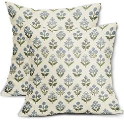 Sivirary Juego de 2 Fundas de Almohada con Estampado de Bloques Azules y Verdes de 18 x 18 Pulgadas, Fundas de Almohada Decorativas Florales Vintage, Fundas de cojín Bohemias, decoración rústica,