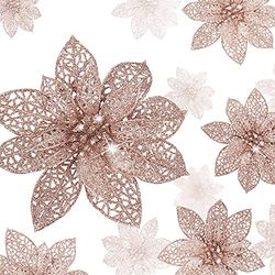 24 Pieces Glitter Poinsettia Christmas Tree Ornament Christmas Flowers Decor Ornament, 3/4/6 Inches (Rose Gold)
