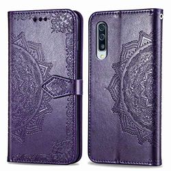 Carcasa de telefono Patrón for Galaxy A50s A medio camino de la mandala de grabación en relieve del cuero del tirón con el sostenedor y ranuras for tarjetas y monedero y la cuerda de seguridad (Negro)