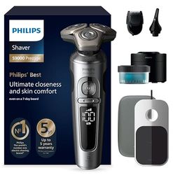 Philips Rasoio Elettrico Serie 9000 Prestige, secco e umido, cromo brillante, rasatura Lift & Cut, tecnologia SkinIQ, regolabarba, rifinitore per il naso, base di ricarica Qi, modello SP9885/35