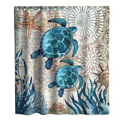 Final Friday Set di tende da doccia in tessuto a tema spiaggia con tartarughe marine verdi, decorazione blu oceano con occhielli e ganci, 183 x 183 cm, colore foglia di tè