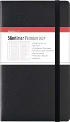 Slimtimer Premium Black 2024 - Pocket Calendar 9 x 15.6 cm - with Closure Strap & Folding Pocket - Balacron Cover - Weekly - 128 Pages - Alpha Edition