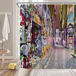 ZNLSU Tenda da doccia con graffiti colorati, graffiti astratti, acquerelli, arte stradale, raschietto, pittura a spruzzo disordinata, muro di mattoni, graffiti rustici, stile giovane, stile hip hop,