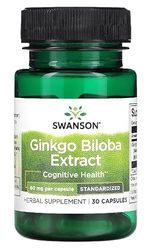 Swanson - Ginkgo Biloba Extrait 60mg | Soutien pour la Mémoire et la Concentration, Standardisé - 30 Capsules