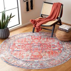 Safavieh Vloermat, verouderd, machinewasbaar en antislip, ideaal voor gebieden met veel verkeer, Arizona Collection, laagpolig, rood en blauw, 183 x 183 cm