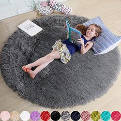 Tapis rond gris pour chambre à coucher, tapis rond moelleux pour chambre d'enfant, tapis à poils longs pour chambre d'adolescent, tapis en peluche pelucheux pour dortoir, tapis gris mignon pour chambre d'enfant
