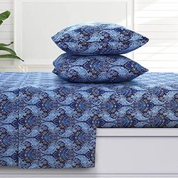 Tribeca Living Sofi Paisley SOFIFLOSHETWX Parure de lit en Flanelle de 170 g/m² avec Poche très Profonde et surdimensionnée, 100% Coton, Super Douce, Chaude et Confortable, pour lit Simple XL, Bleu