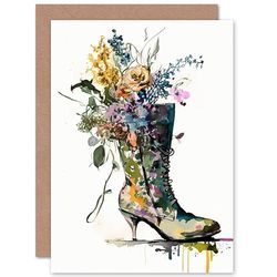 Artery8 Spring Flower Bouquet in High Heeled Combat Boot Flowers Nature Birthday Sealed Greeting Card Plus Envelope Blank inside