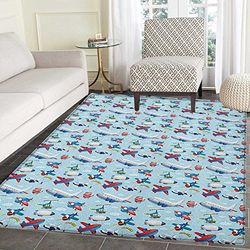 Airplane Print Area Rug Different Types of Cartoon Aircraft Floating in Blue Sky with Sky Diving People Indoor/Outdoor Area Rug 5'x6' Multicolor