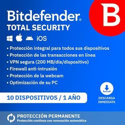 Bitdefender Total Security 2025 | 10 Dispositivos | 1 Año | PC/Mac/iOS/Android | Código de activación por email | Renovación automática