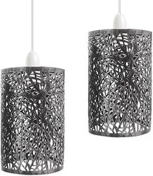 2 Pack of Brushed Silver Metal Bulb Guard Drum Shaped Lampshades for Ceiling Pendant Lights, Indoor Easy Fit Wire Cages for Kitchen, Hallways (Brushed Silver)