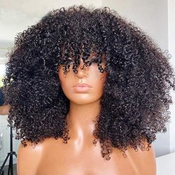 ARUKIHAIR Perruque afro crépue bouclée avec frange entièrement fabriquée à la machine, cheveux humains brésiliens courts bouclés de densité 200, couleur naturelle, 56 cm
