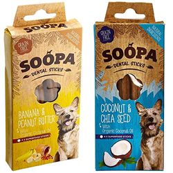 Soopa Grain Free Banana and Peanut Butter Dental Dog Treats, 4 Sticks & Grain Free Coconut and Chia Seed Dental Dog Treats, 4 Sticks