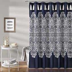 Lush Decor, Rideau de Douche en Tissu imprimé damassé bohème avec Pompons Bleu Marine 183 x 183 cm