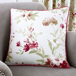 Fusion Jeannie Blanco (43 x 43 cm) -100% algodón-Relleno Borde Ribeteado Rojas con Fundas Incluidas/Insertos Cojín Vintage con Flores Florales, 100, Rojo, Filled Cushion: 43x43cm