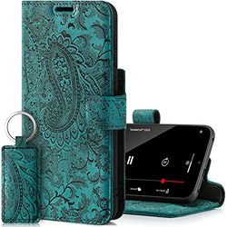 SURAZO Prestige Leather Case for iPhone 13 - RFID Wallet Flip Cover with 3 Card Slots & Cash Pocket - Secure Magnetic Closure & Kickstand - Real Leather Folio Bumper (Ornament Turquoise)