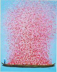 Kare Design quadro Toucado flor barco azul/rosa, cores pastel, mural colorido, tela, moldura de madeira maciça, detalhes pintados à mão com tinta acrílica, abstrato, 100 x 80 x 4 cm (A/A/P)