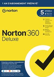 Norton 360 Deluxe 2024 |5 Appareils | 1 An d'Abonnement | Secure VPN - Password Manager - Dark web Monitoring | PC/Mac/iOS/Android|Envoi par la poste