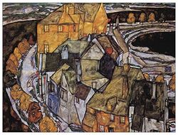 ArtPlaza Schiele Egon – The House-Bend, or Island City, dekorativ panel, trä, flerfärgad, 80 x 1,8 x 60 cm