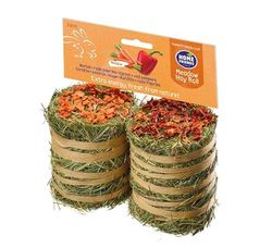 Homefriends Rotoli di fieno con carota e peperone per conigli, nani, criceti, porcellini d'India e roditori (2 pezzi - 200g). Cibo per conigli con fibra per l'usura dentale del roditore