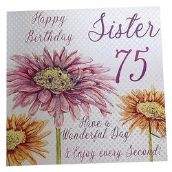 WHITE COTTON CARDS Wba75-S Carte d'anniversaire Faite à la Main avec Inscription « Happy 75 Sister Have a Wonderful Day » Blanc
