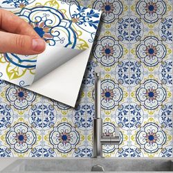 Walplus Tegelstickers Multiverpakking Modern Zelfklevende Tegels Schillen En Plakken Vinyl Decoratie Waterbestendige Keuken Vloer Badkamer Woonkamer Porto Blauwe En Gele Azulejo 72Pcs 15Cm(6") Blauw