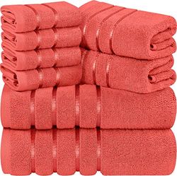 Utopia Towels Lot de 8 Serviettes, Dont 2 Serviettes de Bain, 2 essuie-Mains, 4 Gants de Toilette, 600 g/m², Coton filé à l'anneau très Absorbant, Rayures, Viscose, pour Un Usage Quotidien, Corail