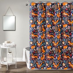 Lush Decor Pixie Fox Shower Curtain, 72" W x 72" L, Navy - Whimsical Floral & Fox Pattern - Fun Kids Shower Curtain - Woodland Kids Bathroom Decor