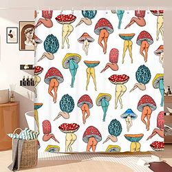 Uokiuki Divertente tenda da doccia a forma di fungo, simpatica e sexy, in tessuto anni '70 e '80, tende per il bagno, stile hippie, psichedelico, estetico, colorato, con 12 ganci, 188 x 188 cm