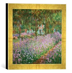 Ingelijste foto van Claude Monet "Le jardin de Monet, les iris", kunstdruk in hoogwaardige handgemaakte fotolijst, 30x30 cm, goud raya