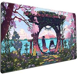 Roze Japan bureauonderlegger anime gaming groene muismat grote muismat voor bureau computer pc laptop kantoordecoratie voor vrouwen, anime muis toetsenbordmat gestikte randen antislip rubberen mat
