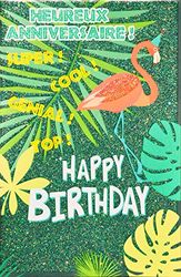 Afie 69-4039 Card Happy Birthday Glitter Pink Flamingo Design