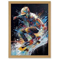 Artery8 Skateboarder Skating Multicoloured Splat Paint Artwork Framed Wall Art Print A4