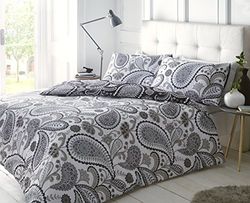 Sleepdown Paisley Zwart Dekbedovertrek & Kussensloop Set Beddengoed Digitale Print Quilt Case Eenpersoons Tweepersoonskamer Kingsize Beddengoed Slaapkamer Dagbed (Tweepersoons)