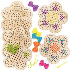 Baker Ross Flower Wooden Threading Kits - Pack of 4, Sewing Arts and Crafts, Craft For Kids (AT378)